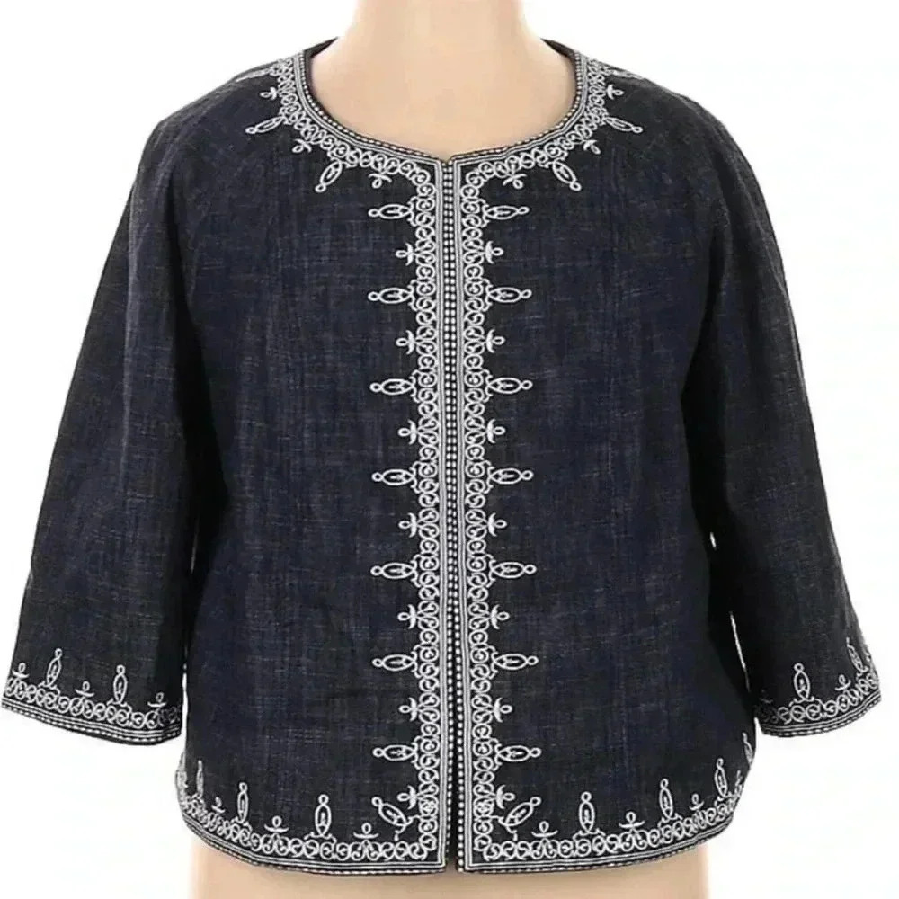 DressBarn Denim Blue Embroidered Cropped Jacket Blazer Women’s Plus Size 14W - Picture 6 of 6